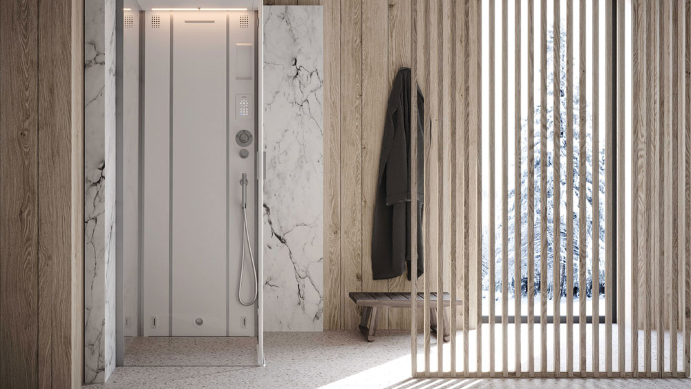 Cabine de hammam contemporaine avec décor bois et marbre